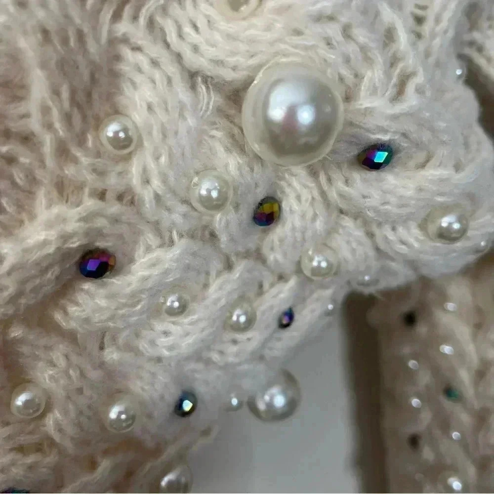 Maeve Anthropologie Ivory Kimono Things Embellished Party Pearl Holiday Sweater - Picture 6 of 14